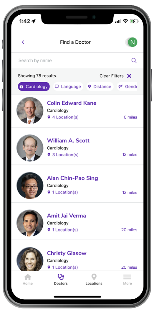 Captura de pantalla de médicos en la aplicación móvil