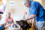 voluntario de terapia asistida por mascotas visita a una paciente en su habitación