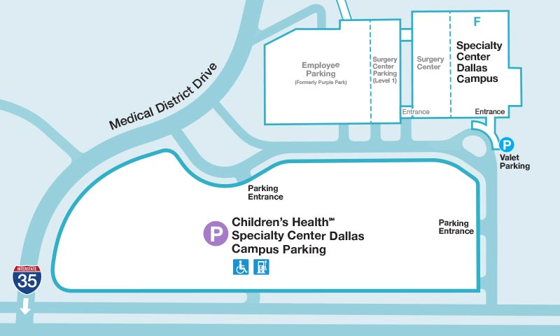 ubicación de estacionamiento autónomo en el Centro de Especialidades de Dallas del Children's Health