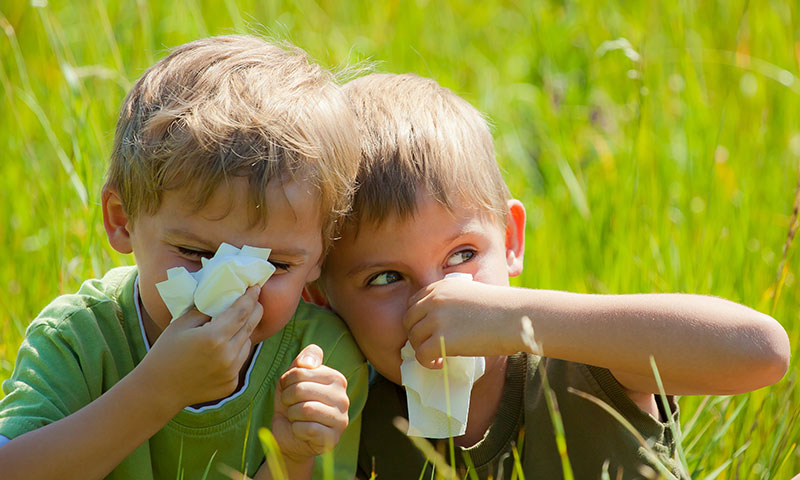 Dos niños pequeños sonándose la nariz al aire libre
