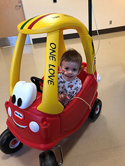 Little boy driving toy car