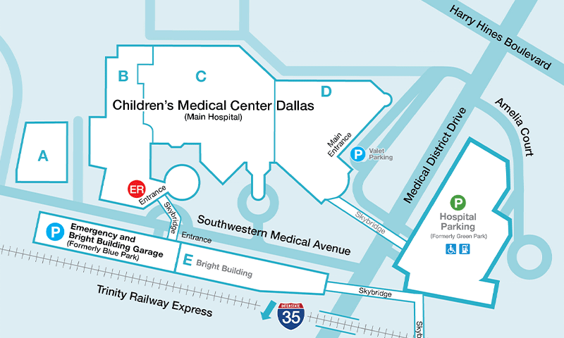 Mapa del estacionamiento de la sala de urgencias - Centro médico Children’s de Dallas